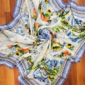 Camilla White Blue Floral Fruit Print Jewel Scarf